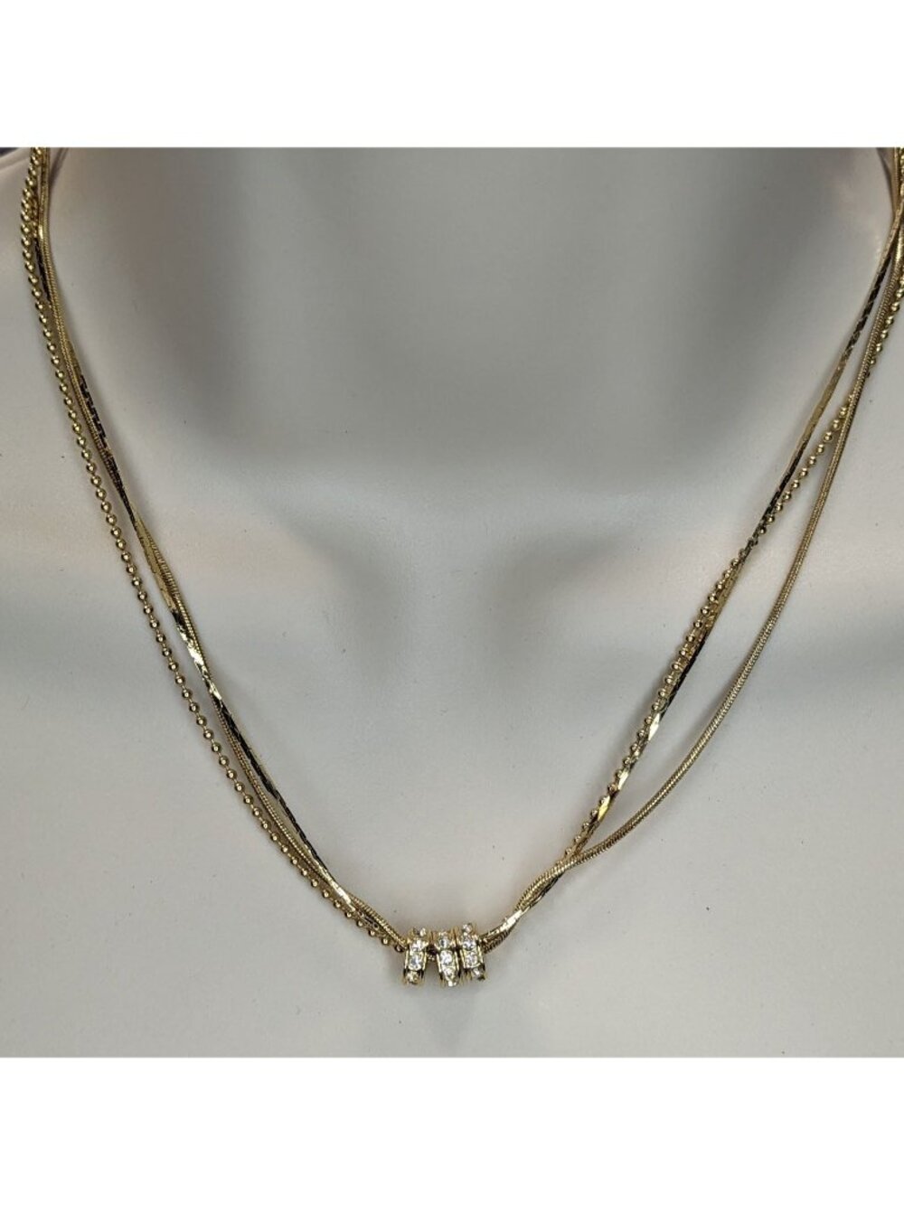 Glam Layered Gold Tone Chain Rhinestone Necklace Multi Strand Minimalist Y2K
